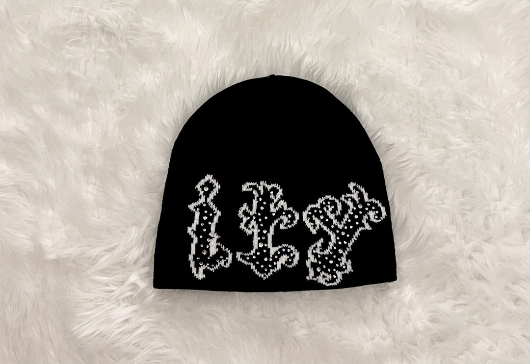 Black Double-Sided Rhinestone “Purity” Beanie
