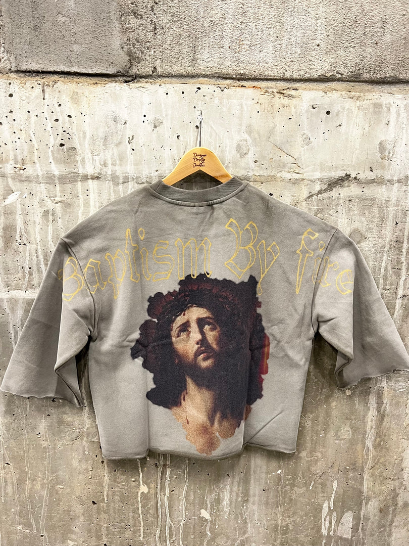 Dusty Sage “Baptism By Fire” Cropped Sweatshirt