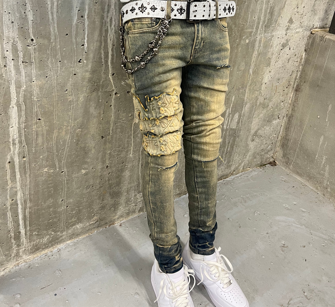 Tan Wash “Staple Logo” Patch Jeans